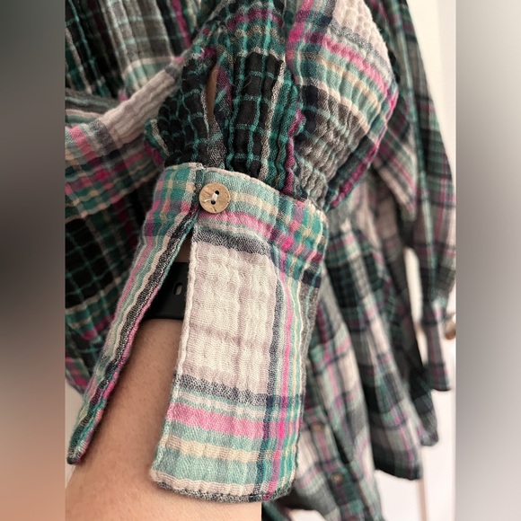 Free People The Voyage Shirtdress Mini. Oversized Pink Grey Turquoise Plaid XS - Picture 8 of 16